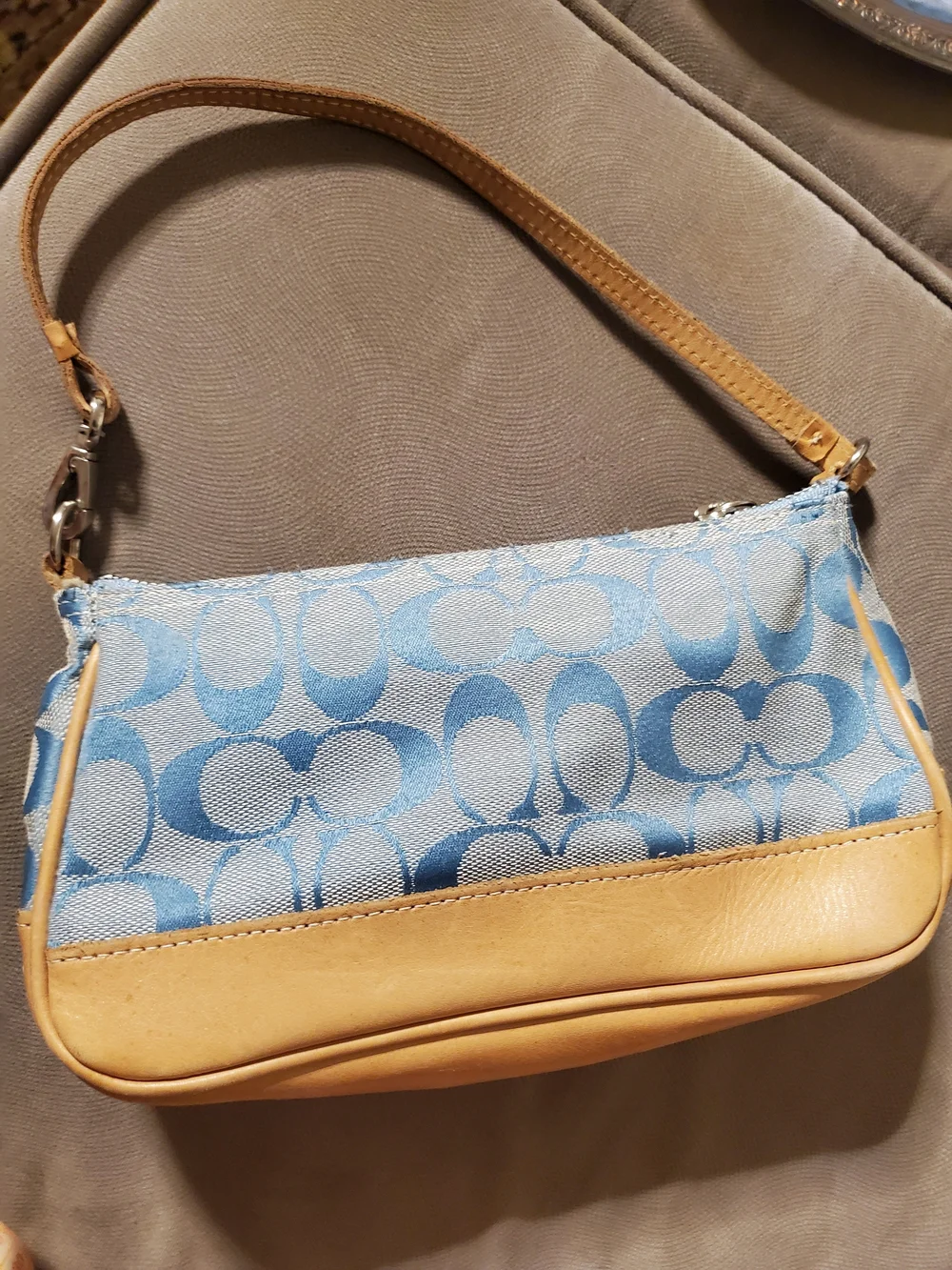 Y2k Coach Blue Signature Canvas and Tan Leather Shoulder Bag